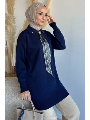 Julude Gülseli Polo Yaka Fular Aksesuarlı Tesettür Triko Tunik P-00019399