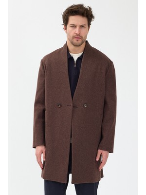 Danger Erkek Kruvaze Kaşe Palto Mont %100 Polyester Kahverengi Rahat Kalıp Uzun Kol