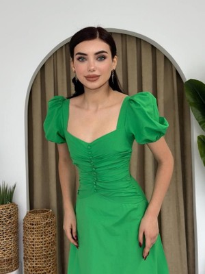 Pusula Sepeti Kare Yaka Düğmeli Elbise