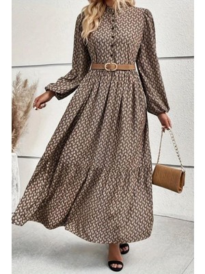 Mossta Hakim Yaka Desenli Uzun Süprem Elbise - Vizon