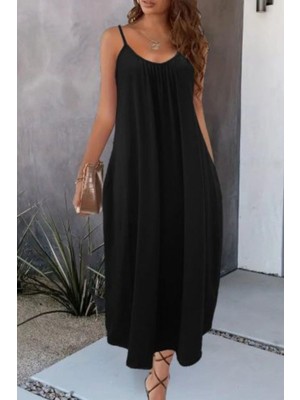 Mossta Ip Askılı Cepli Rahat Kesim Viskon Elbise Siyah