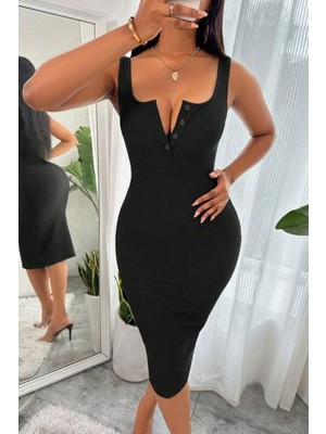 Mossta Kalın Askılı Düğme Detaylı Midi Kaşkorse Elbise - Siyah