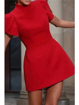 Mossta Balıkçı Yaka Fiyonklu Sırt Dekolteli Mini Atlas Elbise - Kırmızı