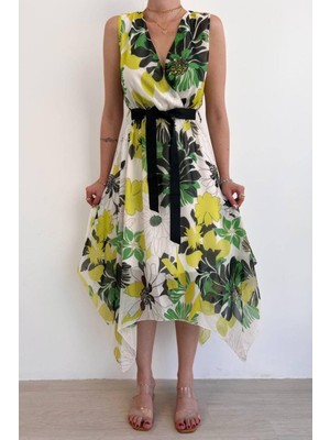 Mossta Sıfır Kol Kuşaklı Desenli Şifon Elbise Sarı