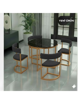 Edmonda Ev Aksesuar Melis Gold Metal Antrasit 90 cm Çap Yuvarlak Yemek Masası Takımı 4 Kişilik Balkon Masası Takımı Mutfak Masası