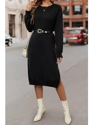 Mossta Bisiklet Yaka Yırtmaç Detaylı Triko Elbise Siyah