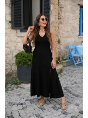 Mossta Kalın Askılı V Yaka Yırtmaçlı Viskon Elbise Siyah