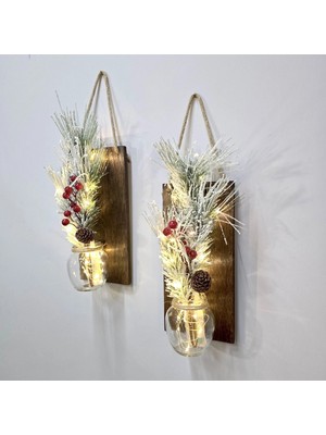 Empressco Renkli LED Işıklı Yılbaşı Çam ve Kokina Çiçekli Duvar Dekoru Çift Set