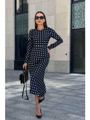 Mossta Puantiyeli Örme Krep Midi Boy Elbise Siyah