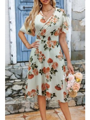 Mossta Kısa Kollu Kruvaze Yaka Süprem Elbise - Bej