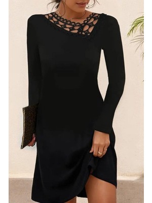 Mossta Dantel Detaylı Ithal Krep Mini Elbise - Siyah