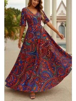 Mossta V Yaka Etnik Desenli Kısa Kollu Uzun Elbise - Desenli