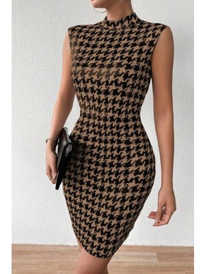 Mossta Balıkçı Yaka Kazayağı Desen Dalgıç Elbise Kahve