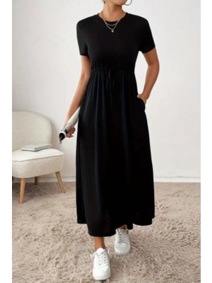 Mossta Bisiklet Yaka Beli Büzgülü Cepli Midi Elbise  - Siyah