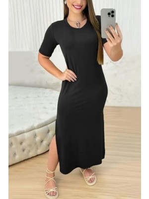 Mossta Kısa Kollu Bisiklet Yaka Yırtmaçlı Basic Elbise - Siyah