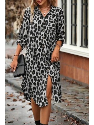 Mossta Modal Kumaş Leopar Desenli Düğmeli Midi Gömlek Elbise - Siyah