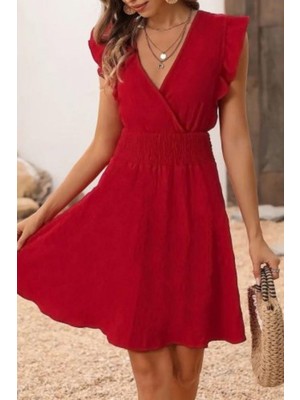 Mossta Kruvaze Yaka Bel Lastikli Aerobin Elbise - Kırmızı