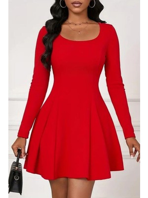 Mossta Kare Yaka Mini Boy Ithal Krep Elbise - Kırmızı