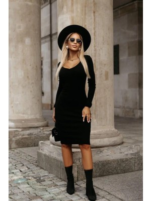 Mossta Kaşkorse Kumaş V Yaka Midi Elbise - Siyah