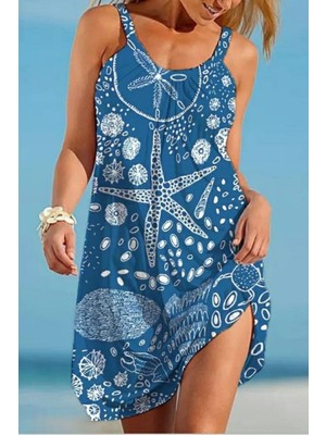 Mossta Askılı Deniz Yıldızı Desenli Süprem Elbise - Mavi