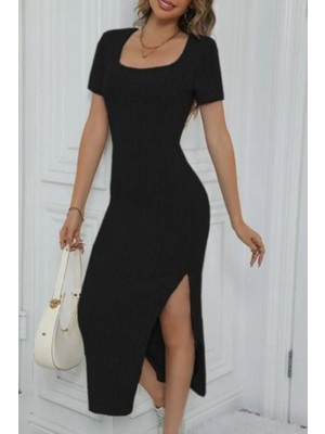 Mossta Kare Yaka Kısa Kollu Yırtmaçlı Fitilli Midi Elbise - Siyah