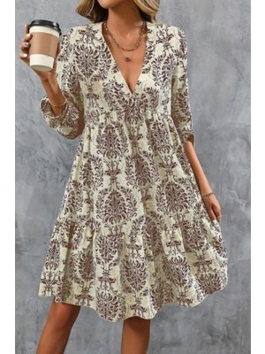 Mossta V Yaka Fırfırlı Mini Süprem Elbise - Kahve