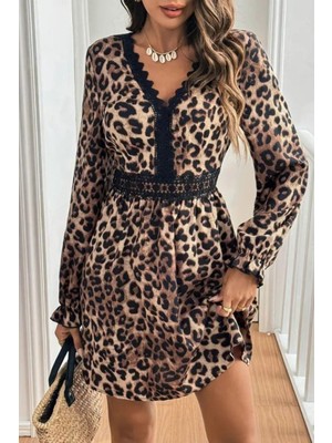 Mossta V Yaka Dantel Detaylı Uzun Kollu Mini Modal  Elbise - Leopar