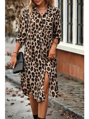 Mossta Modal Kumaş Leopar Desenli Düğmeli Midi Gömlek Elbise - Kahve
