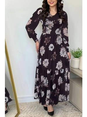 Mossta Uzun Kollu V Yaka Süprem Çiçek Desenli Elbise - Siyah