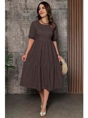 Mossta Kısa Kollu Bürümcük Balon Elbise - Kahve