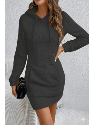 Mossta Kanguru Cepli Ipli Kapüşonlu Pelüş Elbise - Gri