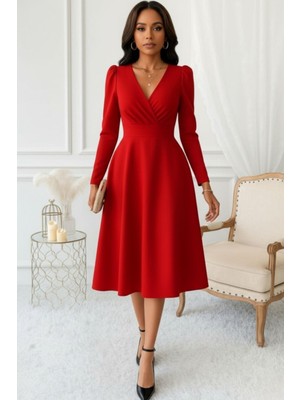 Mossta Kırmızı Kruvaze Yaka Uzun Kollu Midi Elbise