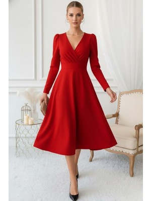 Mossta Zarif Kırmızı V Yaka Günlük & Davet Midi Elbise