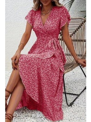 Mossta Fırfır Detaylı Kruvaze Yaka Desenli Süprem Elbise - Pembe