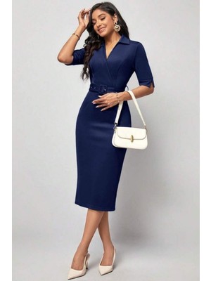 Mossta Kemerli V Yaka Midi Elbise - Lacivert