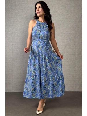 Mossta Bel Bağlamalı  Desenli Kolsuz Uzun Elbise - Mavi