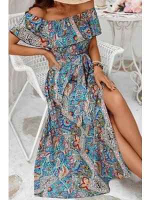 Mossta Madonna Yaka Yırtmaç Detaylı Uzun Elbise - Mavi