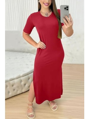 Mossta Kısa Kollu Bisiklet Yaka Yırtmaçlı Basic Elbise - Kırmızı