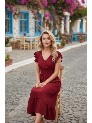 Mossta Kruvaze Yaka Gipeli Bürümcük Elbise Bordo