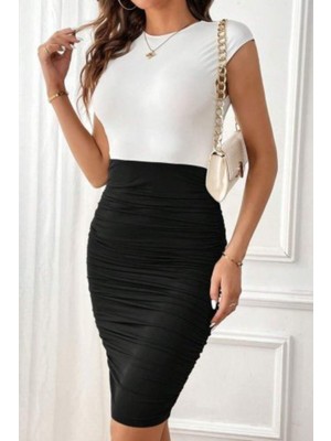 Mossta Bisiklet Yaka Beli Büzgülü Kalem Dalgıç Elbise - Siyah