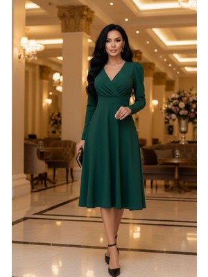 Mossta Zarif Günlük & Davet Midi Zümrüt Yeşil Elbise