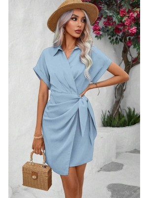 Mossta Kısa Kollu Bağlama Detaylı Mini Elbise - Mavi