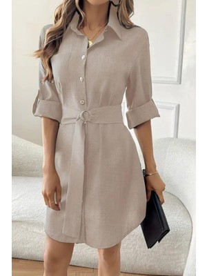 Mossta Düğmeli Kuşak Detaylı Ithal Keten Elbise - Taş