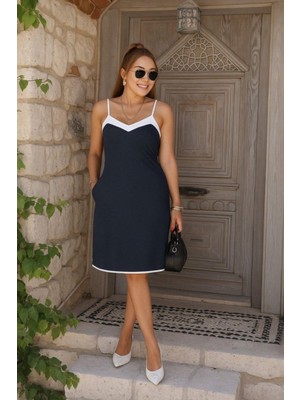 Mossta Ince Askılı V Yaka Mini Krep Elbise - Lacivert
