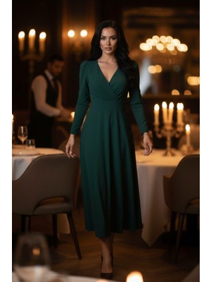 Mossta Bel Oturtmalı Zümrüt Yeşil V Yaka Midi Elbise