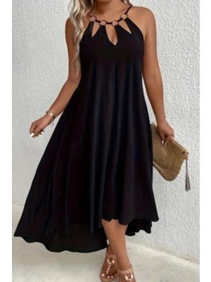 Mossta Halka Yaka Detaylı Asimetrik Viskon Elbise Siyah