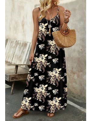 Mossta Askılı Çiçek Desenli Uzun Yazlık Süprem  Elbise - Siyah