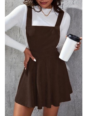 Mossta Sırttan Çapraz Detaylı Kloş Kadife Elbise - Kahve