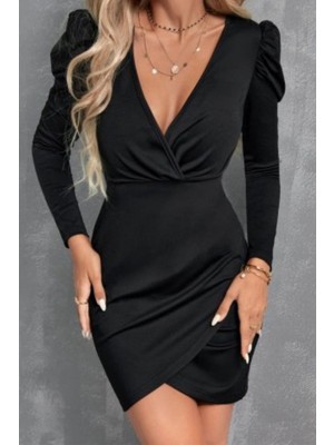 Mossta Kruvaze Yaka Ithal Krep Mini Elbise Siyah