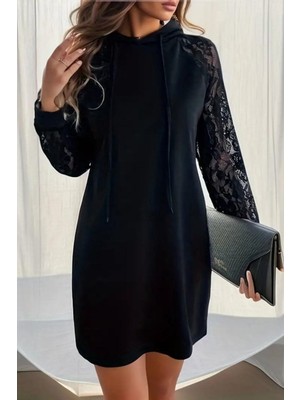 Mossta Dantel Kollu Kapüşonlu Viskon Iki Iplik Elbise - Siyah